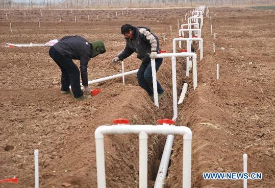 People set up irrigation system in a farmland in Jiaozuo, central China's Henan Province, Jan. 27, 2011. [Xinhua]
