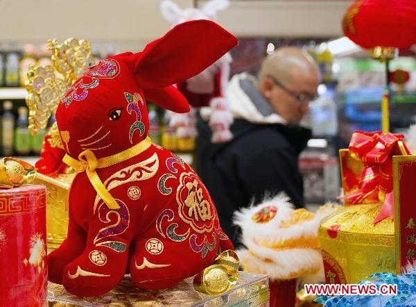 A customer shops for the upcoming Chinese Lunar New Year, or the Spring Festival, at a Chinese supermarket in Toronto, Canada, Jan. 28, 2011.