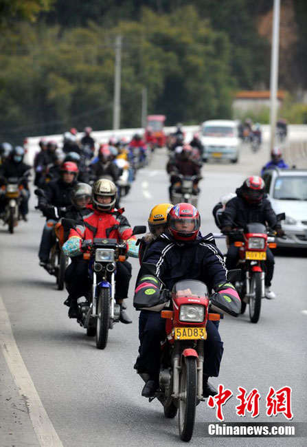 A photo taken on Jan 27 2011 in Zhaoqing City, Guangdon Province shows a group of migrant workers ride motorcycles back to their hometown for Spring Festival. [Photo/Chinanews.com]