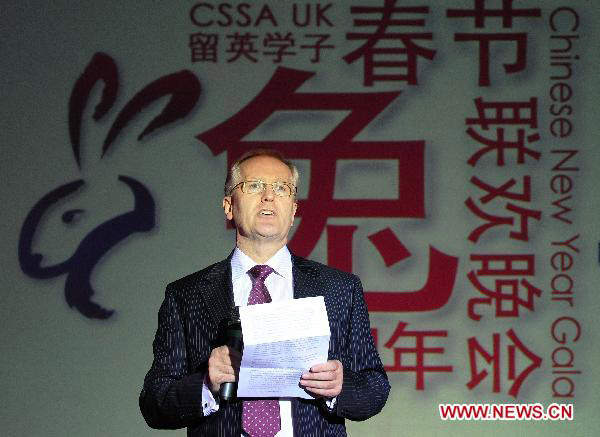 Stephen Goss, Pro-Vice-Chancellor of the Oxford University, speaks during the Chinese New Year Gala held at the townhall of Oxford, UK, Jan. 28, 2011. 