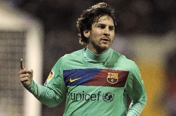 Lionel Messi of Barcelona celebrates after scoring during the la Liga match between Hercules and Barcelona at Estadio Jose Rico Perez on January 29, 2011 in Alicante, Spain. Barcelona won 0-3. [Xinhua]