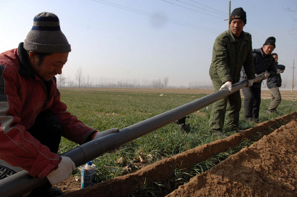 Construction workers install low-pressure water pipelines in Heze, East China&apos;s Shandong province on Jan 24. Water conservancy programs are under construction to relieve local farmlands hit by a recent drought. [Xinhua] 