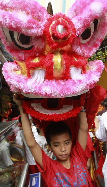 A lion dance performer holds up his costume while looking for a client for the upcoming Chinese New Year along a busy street in Manila's Chinatown February 1, 2011.