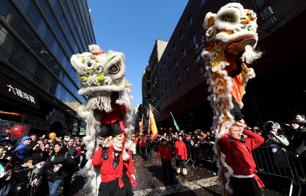 Performers play the lion dance during the Chinese New Year parade to celebrate the Chinese Lunar New Year, the Year of the Rabbit, in Chinatown of New York, the United States, Feb. 6, 2011. 