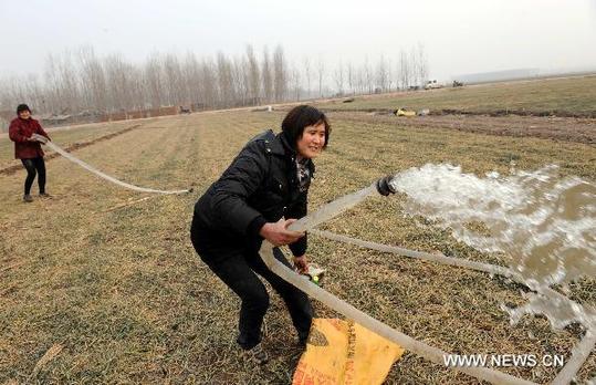 Farmers water a wheat field at Yangzhuang Village in Linyi City, east China's Shandong Province, Feb. 8, 2011. [Xinhua]
