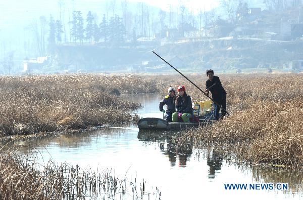 Tourists sail along a river inside a wetland park in Weining, southwest China&apos;s Guizhou Province, Feb. 6, 2011. With the coming of spring, tens of thousands of wild birds overwintering in the wetland became active again, attracting tourists during the traditional Chinese Spring Festival. [Xinhua]