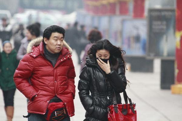 People in thick clothes are seen on the street in Dalian, northeast China&apos;s Liaoning Province, Feb. 8, 2011. Many places in China witnessed temperature drop due to strong cold air in recent days. 