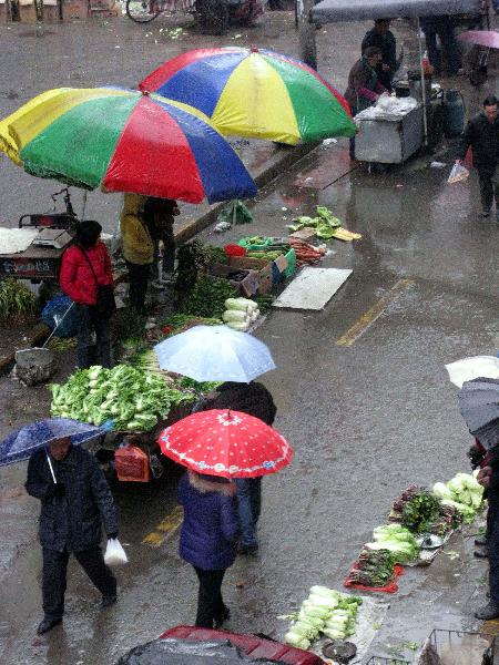 People walk in the rain at a market in Shiyan, central China's Hubei Province, Feb. 9, 2011. Many places in China witnessed temperature drop due to strong cold air in recent days. 