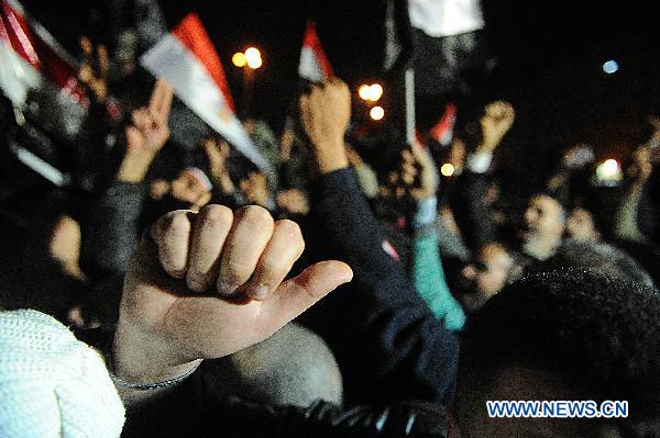 Egyptians continue their protest demanding that Egyptian President Hosni Mubarak step down after listening to his speech at Tahrir Square in Cairo, capital of Egypt, Feb. 10, 2011. [Xinhua] 
