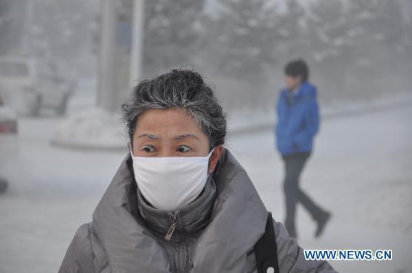 A lady, covered in hoar frost, walks on a street in Yakeshi city, north China&apos;s Inner Mongolia Autonomous Region, Feb. 10, 2011. Temperature in the city dropped to minus 40.5 degrees centigrade on Thursday in the wake of strong cold snaps. [Xinhua]