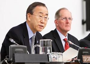 UN Secretary-General Ban Ki-moon, left, and UN General Assembly President Joseph Deiss at the natural disaster risk reduction session, February 9, 2011 [UN] 