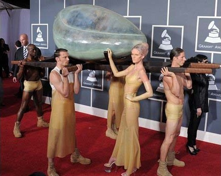 Pop star Lady Gaga made her entrance to the Grammy Awards Sunday encased in a giant egg.