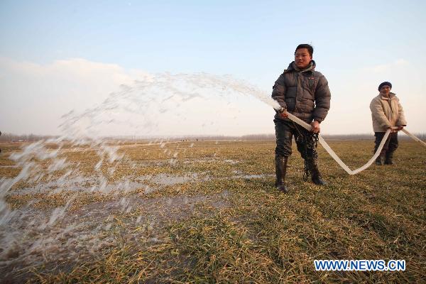 Farmers water a wheat field in Ganyu County, east China's Jiangsu Province, Feb. 14, 2011. Local government allocated 10 million yuan (1.52 million U.S. dollars) and dispatched more than 100 technicians to the farmlands for drought fight.
