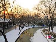 Photo taken on Feb.12, 2011 shows the beautiful winter scenery in the Zizhuyuan Park in Beijing. Entering the park, visitors find themselves in a bamboo world: the entrance, tables and chairs are made of bamboo; even the bridges and pavilions are decorated with bamboo. [Photo by Xiaobo]