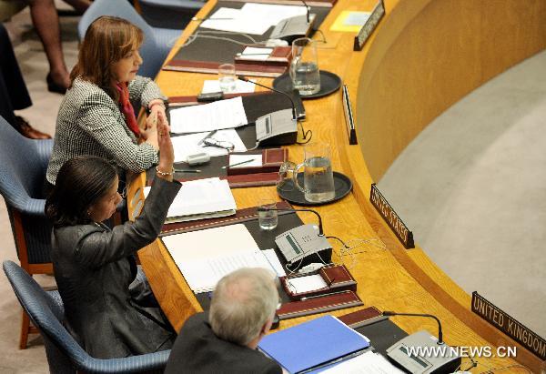 U.S. ambassador to the United Nations Susan Rice (C) votes following closed-door consultations among the 15 Security Council members at the United Nations headquarters in New York, the United States, Feb. 18, 2011.