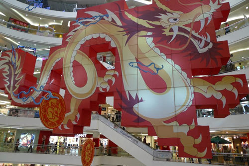 A huge image of dragon representing Chinese culture hanging from the ceiling of the Tunjungan Plaza Mall in the Indonesian city of Surabaya.