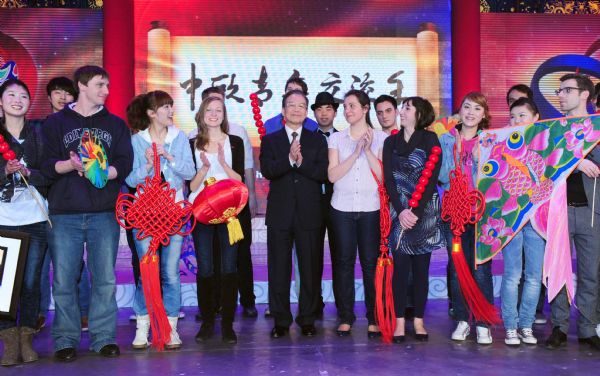 Chinese Premier Wen Jiabao (L5, front) attends the opening ceremony of the EU-China Year of Youth in Beijing, capital of China, Feb. 23, 2011. (Xinhua/Zhang Duo) (xzj) 