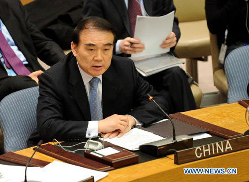 Li Baodong, the Chinese permanent representative to the United Nations, speaks at the UN headquarters in New York, on Feb. 26, 2011. China Saturday called for efforts to put an immediate end to violence in Libya, to restore stability and normal order in the country as soon as possible and to resolve the current crisis through peaceful means. 