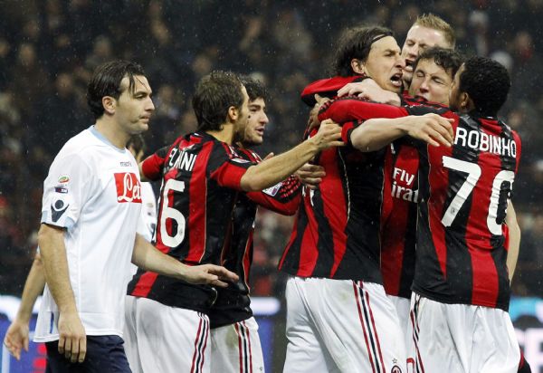 AC Milan's Ibrahimovic celebrates with his team mates after scoring against Napoli during their Italian serie A soccer match in Milan AC Milan's Zlatan Ibrahimovic (4th R) celebrates with his team mates after scoring against Napoli during their Italian Serie A soccer match at the San Siro stadium in Milan February 28, 2011. (Xinhua/Reuters)