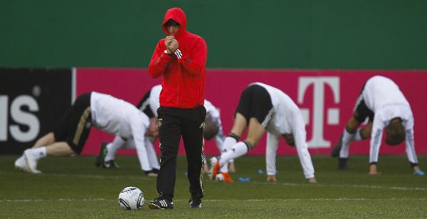 Coach Joachim Loew attends a German national soccer team training session in Wiesbaden, March 22, 2011. Germany will face Kazakhstan in a Euro 2012 qualifying match on Saturday. (Xinhua/Reuters Photo)