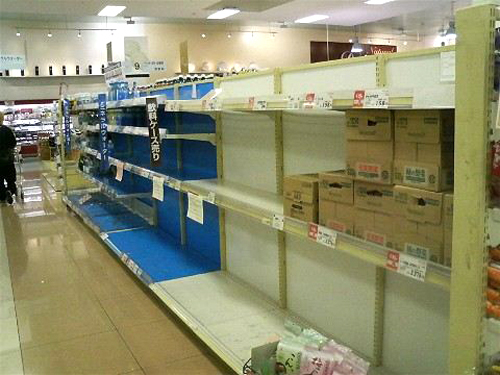 Mineral water are sold out in a supermarket in Tokyo after radioactivity was detected in tap water, some vegetables and milk, with radioactive iodine present in concentrations above Japanese regulatory limits. 