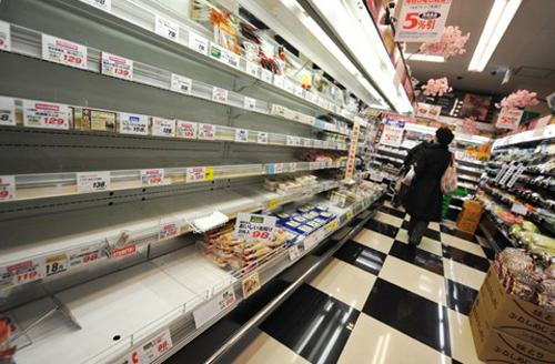 Mineral water are sold out in a supermarket in Tokyo after radioactivity was detected in tap water, some vegetables and milk, with radioactive iodine present in concentrations above Japanese regulatory limits. 