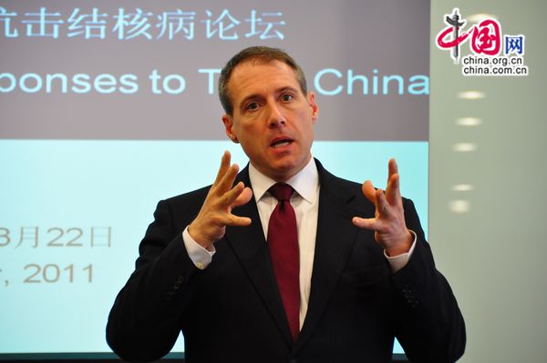 Dr. John Tedstrom, President and CEO of the Global Business Council on HIV/AIDS, Tuberculosis and Malaria, addresses corporate leaders at the TB Forum hosted by the GBC in Beijing on March 22, 2011. 