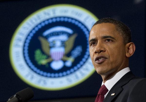 U.S. President Barack Obama speaks about Libya at the National Defense University in Washington, Monday, March 28, 2011. [Xinhua]