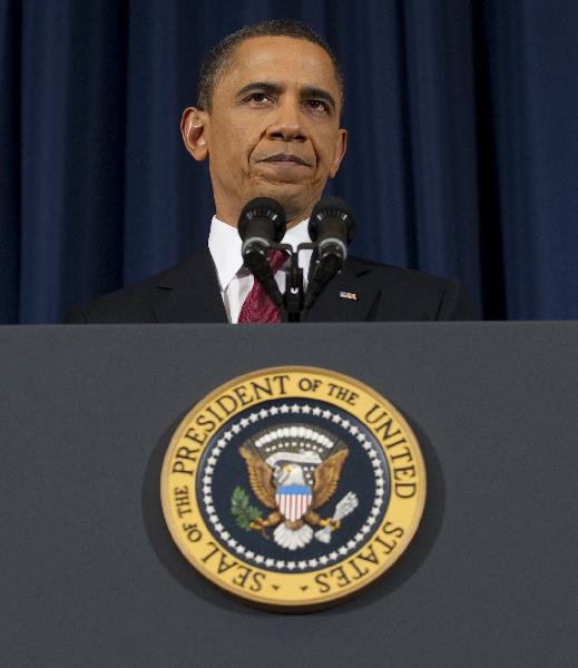U.S. President Barack Obama speaks about Libya at the National Defense University in Washington, Monday, March 28, 2011. [Xinhua]