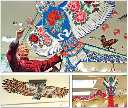 Clockwise: Hao Deli with a swallow kite he made for the kite exhibition; Hao's dragon kite has a total length of 100 meters; Eagles are a favorite theme.