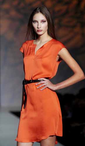 A model presents a creation during a catwalk show by designer Khavaarapieva at fashion week in Moscow April 2, 2011. 