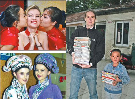 Clockwise: Elyse Ribbons has found a niche in Beijing's drama scene, but says success in China is only possible through hard work; Tom Stader, founder of the Library Project, which donates libraries to poor rural schools, makes his charitable dream come true; Charlotte Macinnis (right) and her sister Mika Macinnis are both familiar faces to Chinese television viewers thanks to their fluent Chinese and pretty appearance.