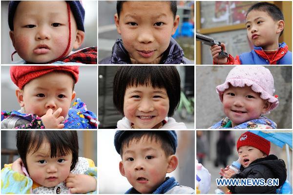 The combined photo taken on April 5, 2011 shows the joyful children living in the new county seat of quake-jolted Beichuan, southwest China's Sichuan Province, April 5, 2011.