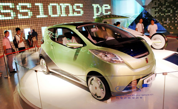 A pure-electric car, developed by Shanghai Automotive Industry Corp Motor and displayed at the World Expo 2010 in Shanghai, is expected to be launched in October 2012. China is aiming for the top position in the global new-energy vehicle sector with sales volumes of 5 million units by 2020. [China Daily]