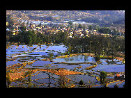 Photo shows the terrace field in Yuanyang county of southwest China's Yunnan Province. The terrace field in Yuanyang where people of Hani ethnic group live covers an area of some 113 square kilometers. [拂锺无声/forums.nphoto.net]