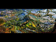 Photo shows the terrace field in Yuanyang county of southwest China's Yunnan Province. The terrace field in Yuanyang where people of Hani ethnic group live covers an area of some 113 square kilometers. [拂锺无声/forums.nphoto.net]