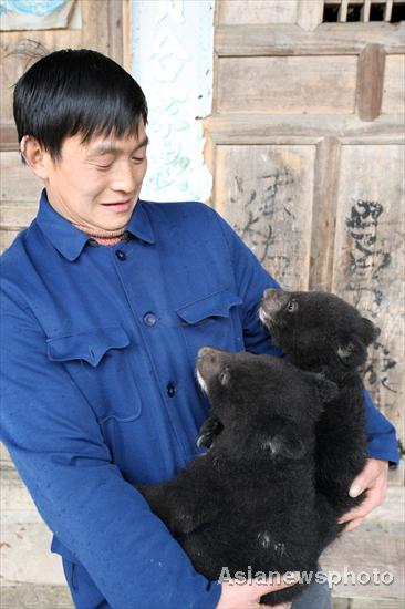 Tian Shougui holds a pair of black bear cubs at home in Yukong village, Southwest China’s Sichuan province, April 12, 2011. 