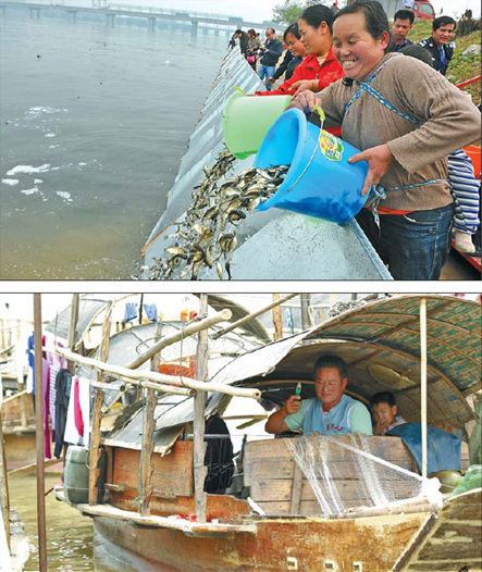 Top: Fish fry leave buckets for the Yujiang River, a Pearl River tributary in Guangxi Zhuang autonomous region, on the day the fishing ban began. [Xinhua] Above: Weaving nets is one occupation fisherman can pursue while they wait to take to the water again. [China Daily] 