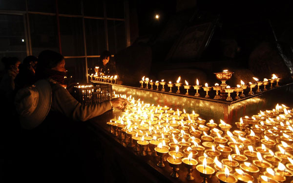 Tibetans in Yushu, Qinghai province have a traditional memorial for victims of last year's earthquake, April 13, 2011.
