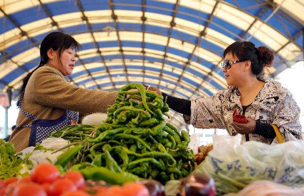A citizen buys vegetables at a market in Yinchuan, capital of northwest China's Ningxia Hui Autonomous Region, April 15, 2011. China's consumer price index (CPI), a main gauge of inflation, rose 5.4 percent in March from a year ago, down 0.2 percent from February, the National Bureau of Statistics (NBS) said on Friday. [Xinhua]