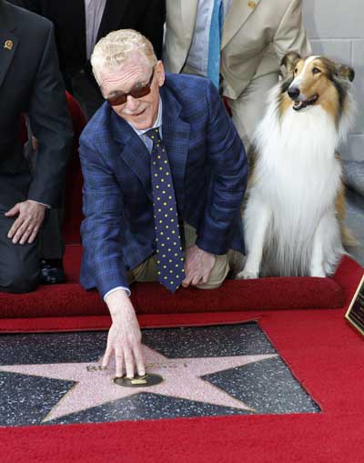 CBS news correspondent and author Bill Geist reaches out to touch his newly unveiled star on the Hollywood Walk of Fame as Lassie sits beside him in Hollywood, California April 15, 2011. Geist interviewed Lassie asking for tips on how to get a Walk of Fame star for a segment of 'CBS Sunday Morning'. [Xinhua/Reuters]