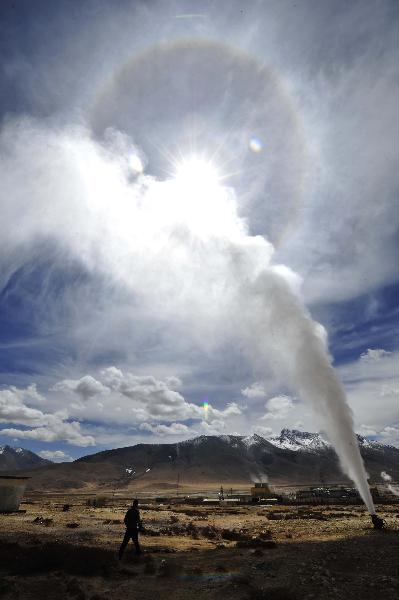 The steam is seen gushing out of earth at the Yangbajain geothermal power station in Damxung of southwest China&apos;s Tibet Autonomous Region, April 18, 2011.