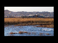 Moon Lake is situated in the hinterland of Tenggeli Desert, Alxa League of north China's Inner Mongolia Autonomous Region. Moon Lake is abeautiful and magic natural freshwater lake. With an area of three sq.kilometers, the lake resembles the shape of a map of China.[草原上的风/Forums.nphoto] 