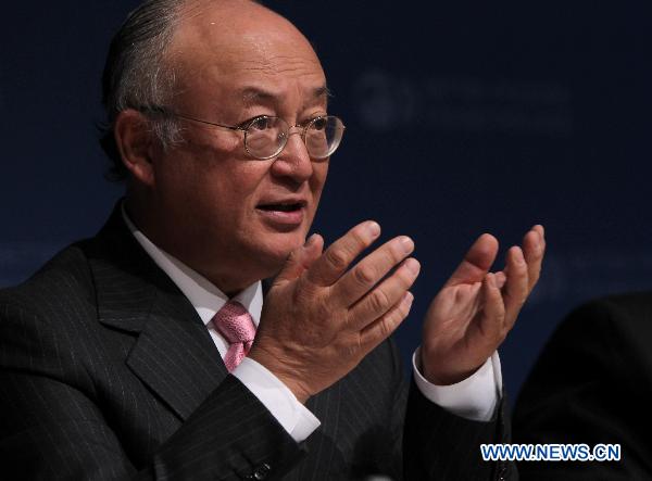 International Atomic Energy Agency (IAEA) chief Yukiya Amano attends the press conference at the Paris-based Organization for Economic Cooperation and Development (OECD) in Paris, France, April 28, 2011. Japan's nuclear crisis should not stem the development of peaceful use of nuclear power, but safety should be further strengthened, Yukiya Amano said Thursday. [Gao Jing/Xinhua]