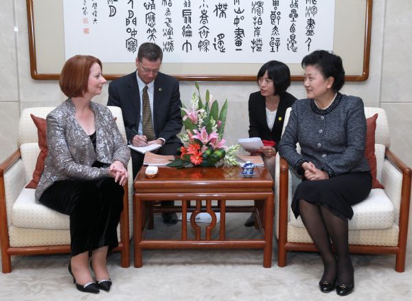 Chinese State Councilor Liu Yandong (R, front) meets with visiting Australian Prime Minister Julia Gillard (L, front) before an evening gala in Beijing, capital of China, April 27, 2011.