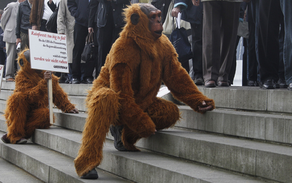 Greenpeace activists dressed as orangutans hold placards against the destruction of the rainforests before Swiss bank UBS annual general meeting in Basel, April 28, 2011. [Xinhua/Reuters] 