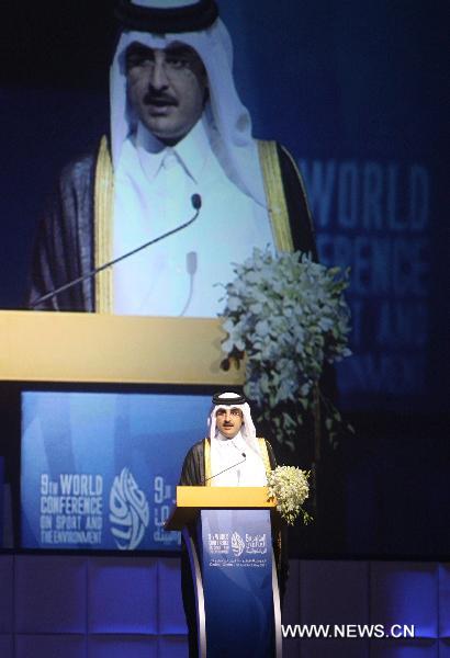 The Heir Apparent and the President of Qatar Olympic Committee (QOC) His Highness Sheikh Tamim bin Hamad al Thani speaks at the opening of the 9th World Conference on Sport and Environment being held in Doha, capital of Qatar on April 30, 2011. 