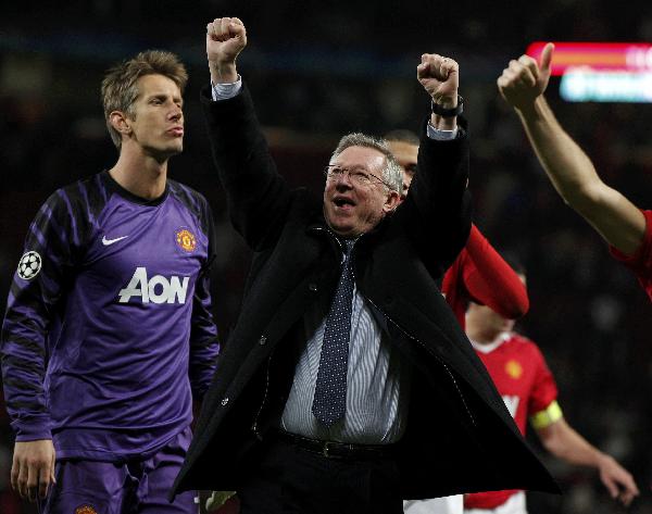 Manchester United's manager Alex Ferguson reacts after his team beat Schalke 04 during their Champions League semi-final second leg soccer match at Old Trafford in Manchester, northern England May 4, 2011.(Xinhua/Reuters Photo)