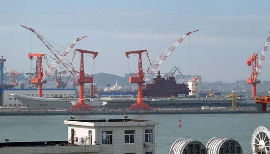 Photo shows the 'Varyag' aircraft carrier being built at a shipyard in Dalian, China. The great 'Varyag' is going to be China's first aircraft carrier.[File photo]