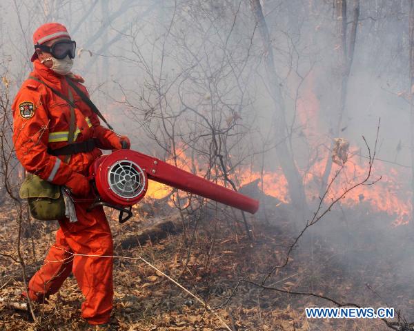 A firefighter tries to extinguish a forest fire in Jiayin County of Yichun, northeast China&apos;s Heilongjiang Province, May 5, 2011.